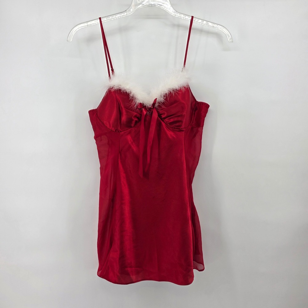 Enchanting Red Satin Babydoll Chemise‎ with White Faux Fur Trim and Bow Detail M